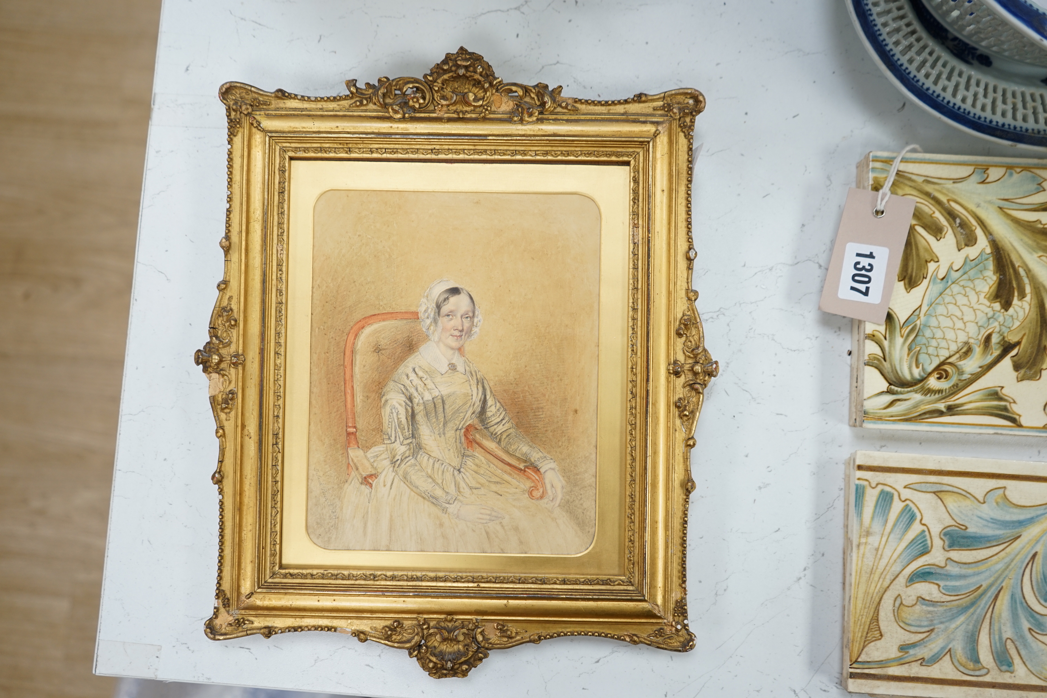 T. Seed (19th. C) watercolour and pencil, Portrait of a seated lady, signed and dated 1847, inscribed verso, ‘My darling mamma, August 1847, Jersey, Harriet Haycock’, 19 x 15cm, ornate gilt framed